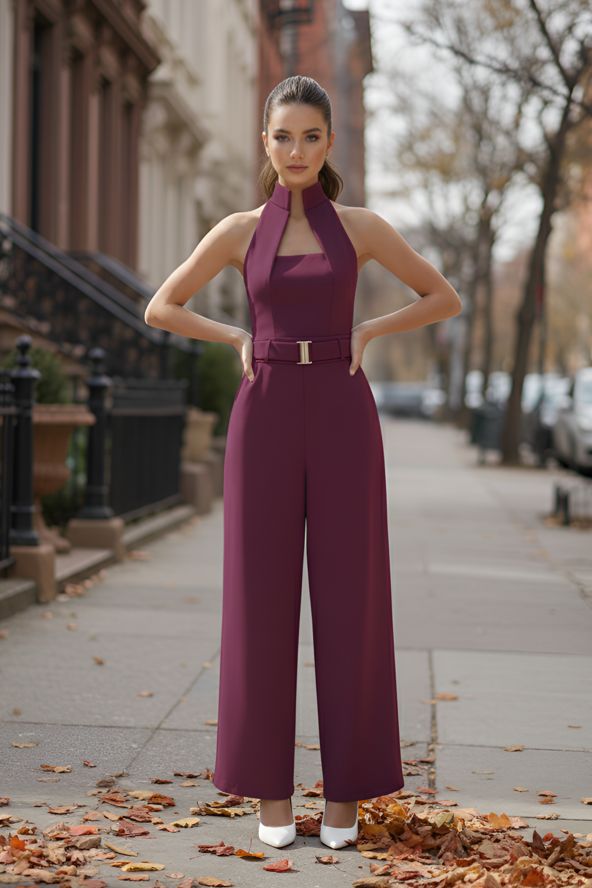 Wine High-Collar Jumpsuit – Gold Buckle